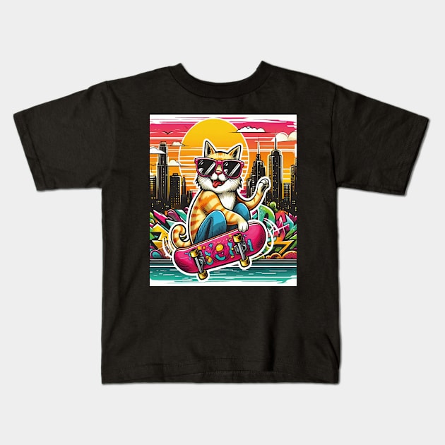 Cat wearing sunglasses and riding a skateboard Kids T-Shirt by SARKAR3.0